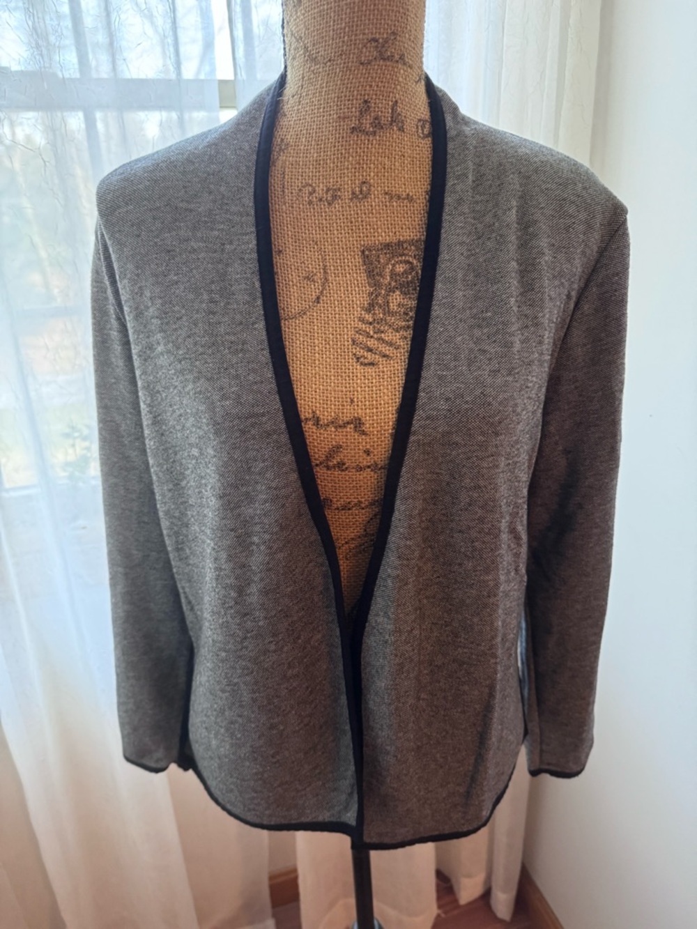 Open Front Heather Gray Jacket with Black Trim